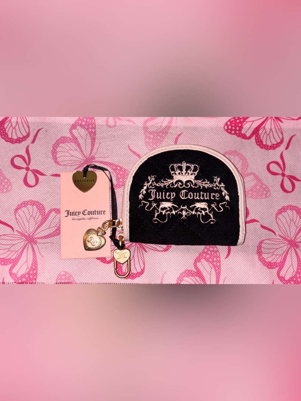 Juicy Couture Black & Light Pink Quilted Velvet Coin Pouch with Gold Charm